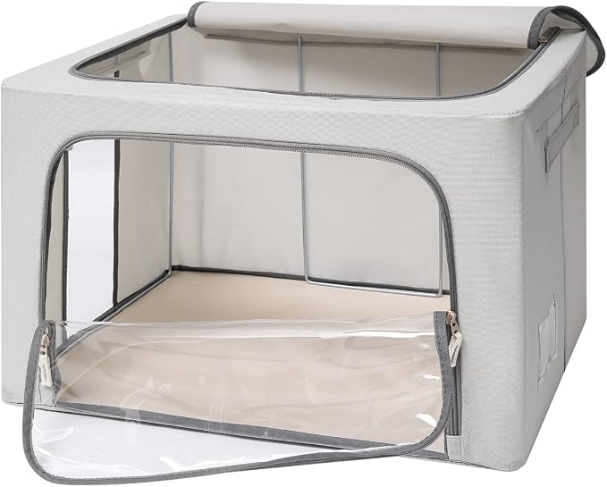 CYhom 3Pack Frame Storage Box - Clothes Storage Bin Bags Oxford Fabric Foldable Stackable Container Organizer Set with Clear Window & Carry Handles Large Capacity (Grey, Large-66L) - Image 8