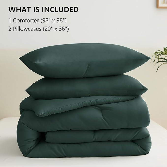 CozyLux Oversized Queen Comforter Set Forest Green, 3 Pieces 98x98 Solid Breathable Quilted Bedding Sets All Season, Luxury Soft Lightweight Bed Set with Down Alternative Comforter and 2 Pillowcases
