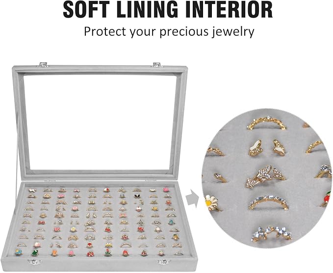 Vicoter Rings Organizer Tray 100 Slot Velvet Ring Earring Storage Box TranSparent Cover Jewelry Store Ring Display Box Jewelry Display Cabinet for Girl Wife Mother - Image 3