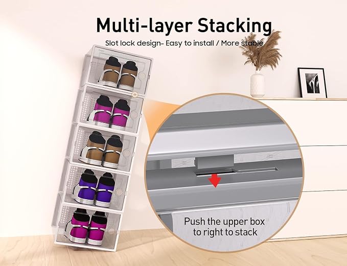 Kuject X-Large Shoe Storage Boxes Organizers Clear Plastic Stackable 12 Pack, Shoe Rack & Holder Substitute, Sneaker Containers, Toy Storage Organizer Bins for Entryway, Closet, Under Bed, Grey - Image 3