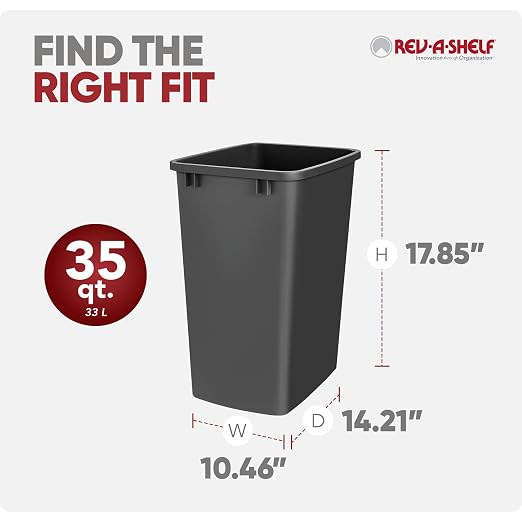 Rev-A-Shelf 2-Pack 35 Quart Polymer Replacement Trash Bin, Recycle Waste Garbage Container for Kitchen Cabinet Pullouts, Black, RV-35-18-2 - Large Plastic Bins for Home and Office - Image 3