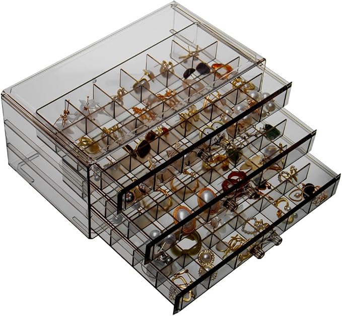 YUFONG Earring Storage Box Organizer 3 Drawers Acrylic Jewelry Storage Box Holder Transparent Jewelry Display Stand with 72 Small Compartments Gift for Women Girls (Clear Black) by YUFONG