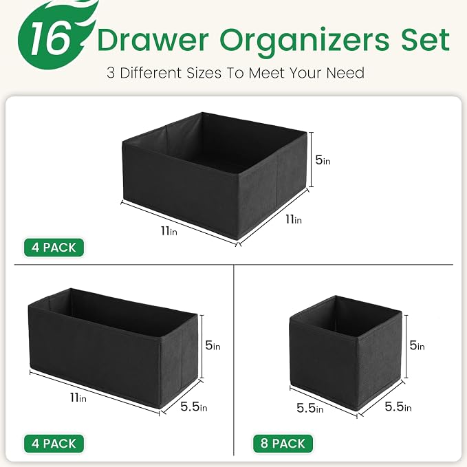 Criusia 16 Pack Underwear Drawer Organizer, Drawer Organizer Clothes, Foldable Cloth Storage Box Closet Dresser Drawer Divider Organizer for Clothes, Scarves (Black) - Image 3