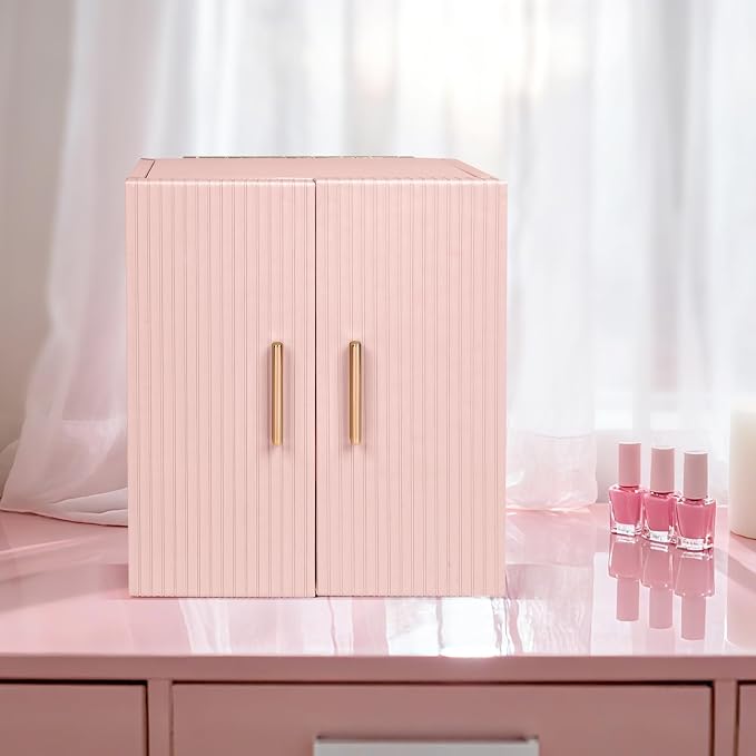Dajasan Large Jewelry Box Organizer, Jewelry Storage with 3 Drawers, Huge Jewelry Box with Mirror, Gift Idea for Women, Girls, Double Door, Textured PU Leather Surface, Stylish (Pink + Gold) - Image 6