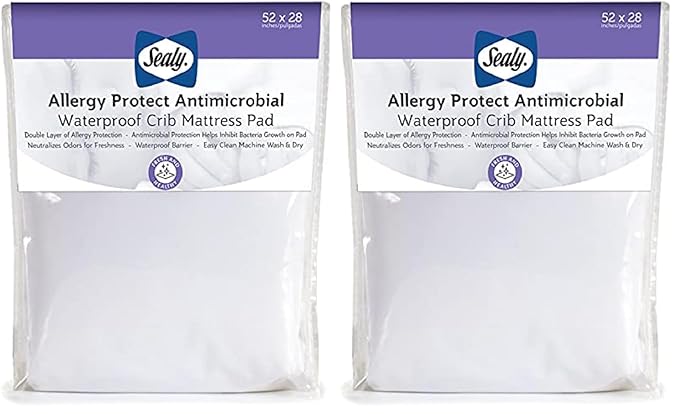 Sealy Baby Allergy Protect Antimicrobial Fitted Waterproof Infant Crib Mattress Protector Pad and Toddler Bed Cover, Durable & Comfortable Topper, Machine Washable & Dryer Friendly, 52” x 28”- White