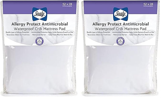 Sealy Baby Allergy Protect Antimicrobial Fitted Waterproof Infant Crib Mattress Protector Pad and Toddler Bed Cover, Durable & Comfortable Topper, Machine Washable & Dryer Friendly, 52” x 28”- White
