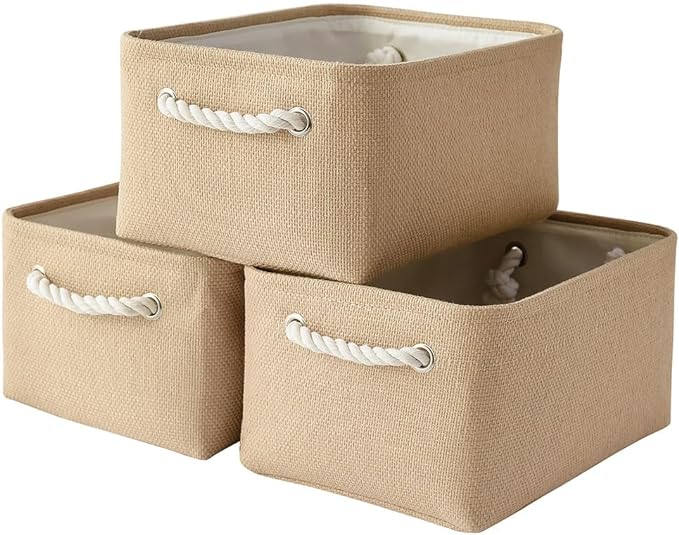 TheWarmHome Storage Bins for Shelves - Medium 3Pack 13.8L*9.8W*6.7H inch Canves Storage Basket for Organizing, Fabric Storage with Handles for Clothes Baby Dog Toys(Beige) by TheWarmHome