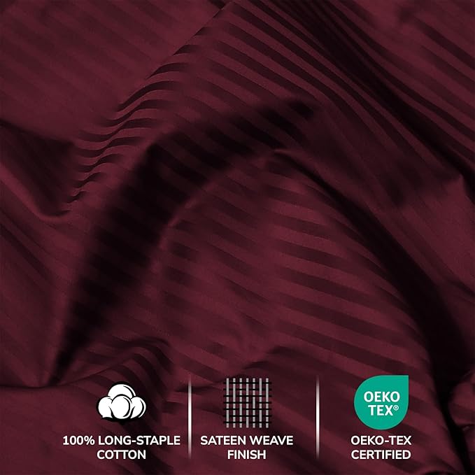 Feather & Stitch 500 TC California King Size Bed Sheet Set, 100% Cotton Soft Breathable Bedsheets, 4 Piece 18" Deep Pockets Sateen Weave Striped Bedding Mattress Resort Hotel Luxury- (Burgundy Stripe)