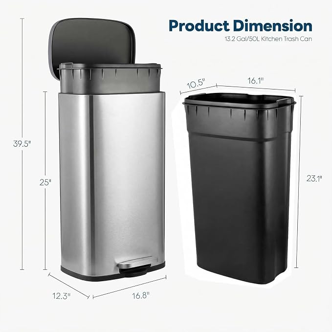 13.2 Gal Kitchen Trash Can, 50L Recycling or Garbage Bin, Brushed Stainless Steel Waste Basket, Soft&Quiet Close Dustbin, with Step-On Pedal, Removable Inner Bucket, for Home, Office, Living Room - Image 2