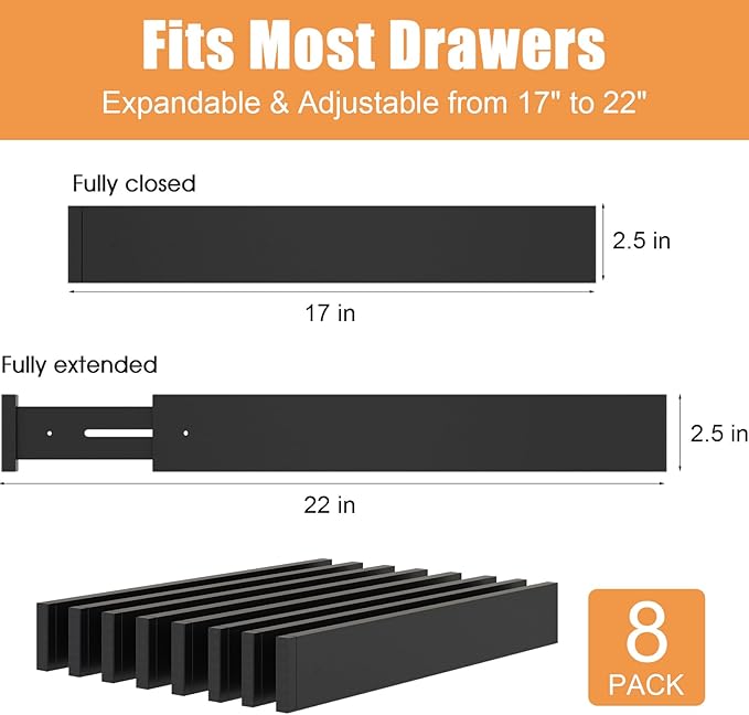 Bamboo Drawer Dividers,17-22" Adjustable Kitchen Drawer Organizer for Clothes,8 Pack Expandable Drawer Organization Separators for Bedroom,Bathroom,Dresser and Office,Black - Image 3