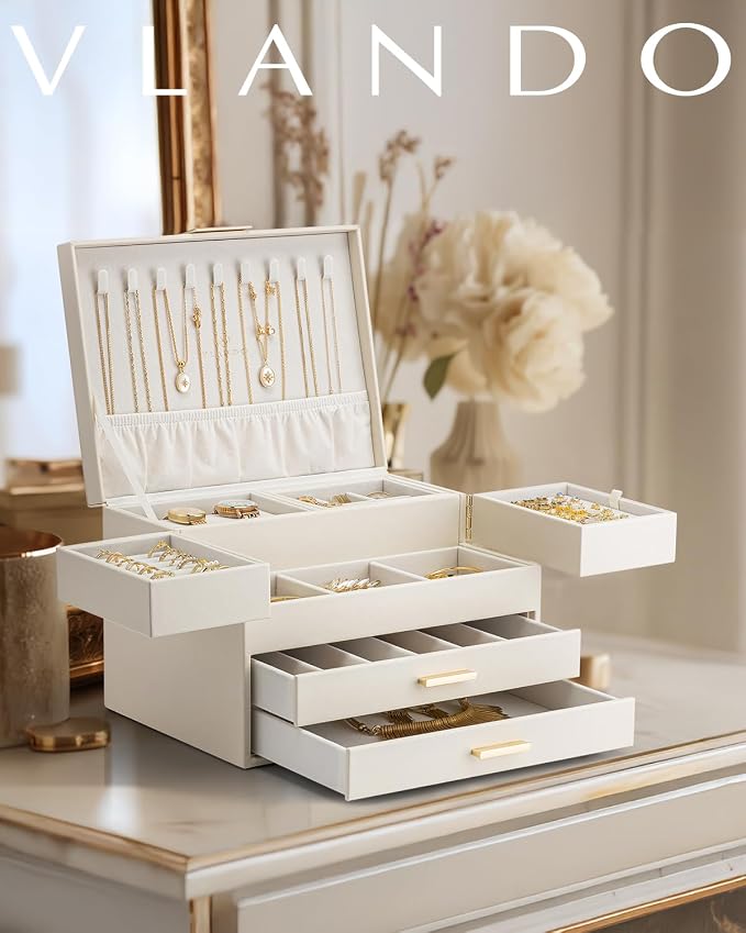 VLANDO 4 Layers Jewelry Box - Women Jewelry Box with Retractable Tray - Jewelry Organizer with Drawer for Necklaces, Rings, Bracelets, Earrings, Valentines Gift for Mom Girls - Cloud White - Image 2