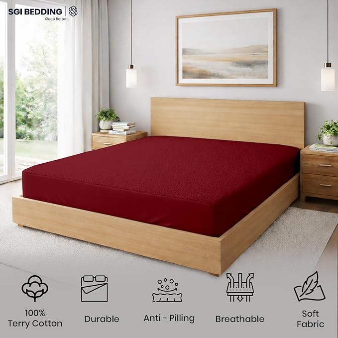 SGI bedding Waterproof 39X80 Twin XL Mattress Protector – 15" Deep Pocket, Soft Noiseless & Breathable Fitted Style Bed Cover, Skin- Friendly Protection Against Moisture, Spills & Stains – Burgundy