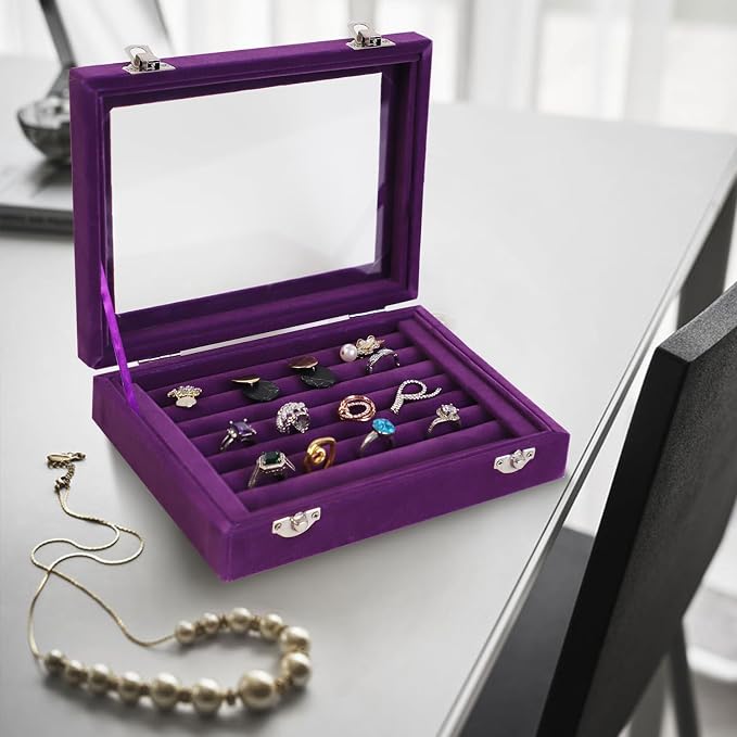 Jewelry Box Rings Organizer Tray 7 Slots Velvet Jewelry Earring Storage Box With Transparent Lid Jewelry Display Case for Girls Women (Purple) - Image 4