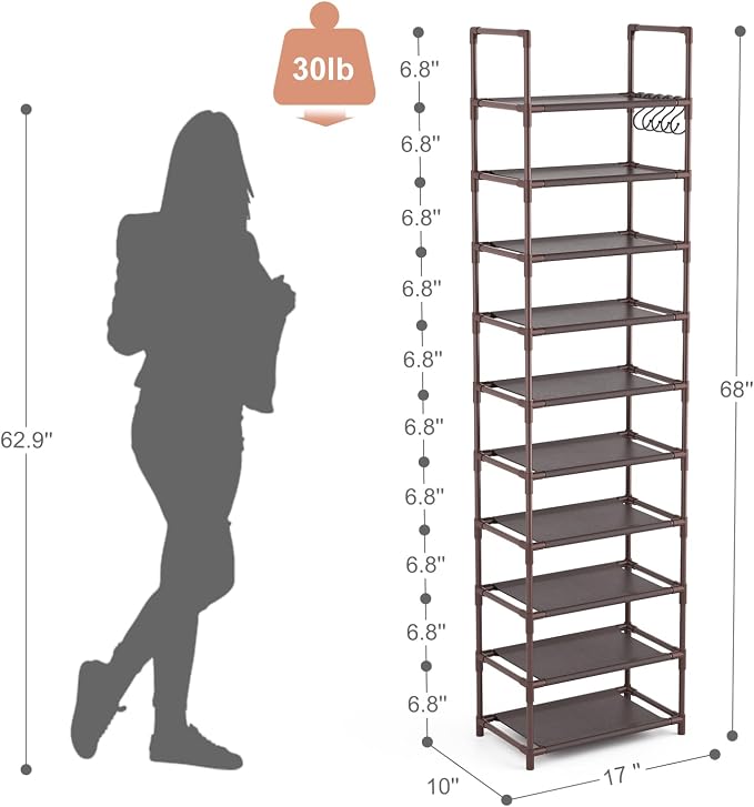 LANTEFUL 10 Tiers Tall Shoe Rack 20-25 Pairs Boots Organizer Storage Sturdy Narrow Shoe Shelf for Entryway, Closets with Hooks, Brown - Image 3
