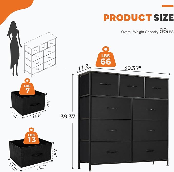 Sweetcrispy 9-Drawer Fabric Dresser Storage Tower with Wood Top and Steel Frame, Organizer Chest with Easy Pull Handles for Bedroom, Closet, Hallway,Classic Black - Image 3