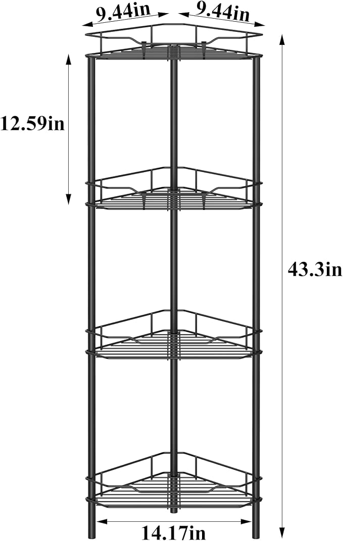 HuggieGems 4 Tier Floor Standing Corner Shower Caddy Organizer Shelf with Hooks, Bathroom Shelves Stand Rack, Matt Black - Image 7