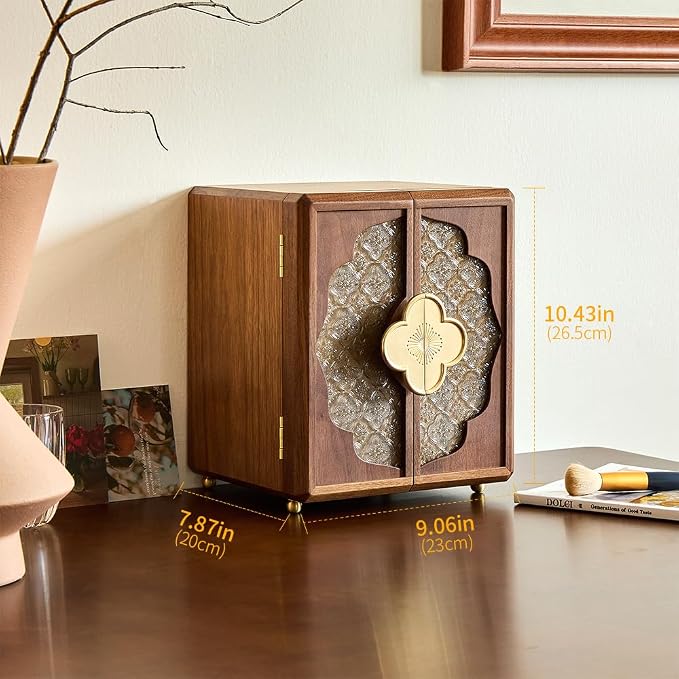 Double Door Jewelry Box - Black Walnut Wood, Velvet Lining, Gold Handle, Magnetic Closure, Handmade Storage Gifts for Mom, Mothers Day | 5-Layer - Image 2