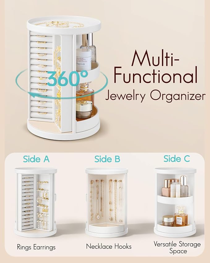 VLANDO 360°Rotating Jewelry Box,Earring Organizer Large Vertical Jewelry Organizer with 6 Necklace Hooks, Open Ring Display Storage for Women -White - Image 4