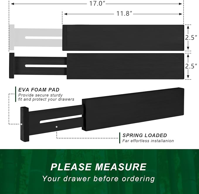 4 Pack Bamboo Drawer Dividers 2.6" High, Adjustable Length from 12 Inch to 17 Inch, Expandable Kitchen Drawer Organizer Separators for Clothes, Kitchen, Bedroom, Dresser, Office (Black) - Image 9