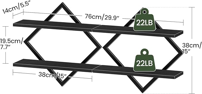 CHOEZON Floating Shelves, Set of 2 Wall Shelves, 2-Tier Hanging Shelves, Wall Shelf Set of 2, Wall Mounted Shelves, for Living Room, Bedroom, Kitchen, Office, Study, Black TBJ01P2BB - Image 2