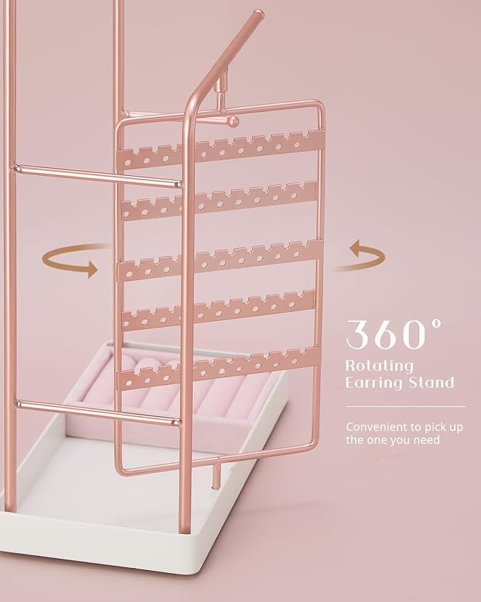 ProCase Jewelry Stand Holder Organizer, Jewelry Display Storage with Ring Tray, Rotating Earring Bracelet Necklace Holder, Valentine's Gifts Room Dorm Decor for Teen Girls -Rosegold (No-Assembly) - Image 5