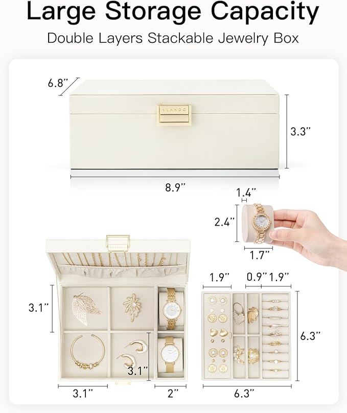 Vlando Jewelry Organizer,2 Layer Jewelry Box Large Jewelry Organizer for Women Removable Jewelery Tray with Watch Pillow for Necklace Earrings Rings Bracelets(Cream White) - Image 3