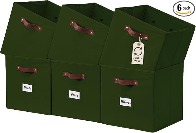 DECOMOMO Storage Cubes, 13x13x13 Storage Cube Bins with Labels, Fabric Organizer Bins (13" / 6pcs, Olive Green) by DECOMOMO