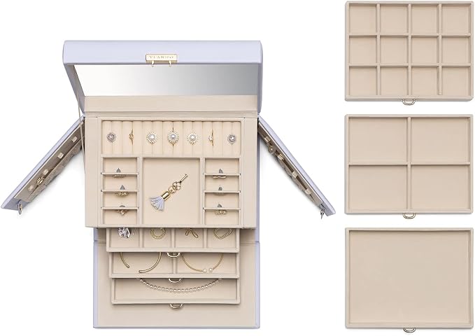 Vlando Lockable Jewelry Box Organizer with Key, 3-Tiered Storage Tray for Necklaces Earrings Rings Bracket Accessories Storage Display, Full HD-Mirror, Purple - Image 5