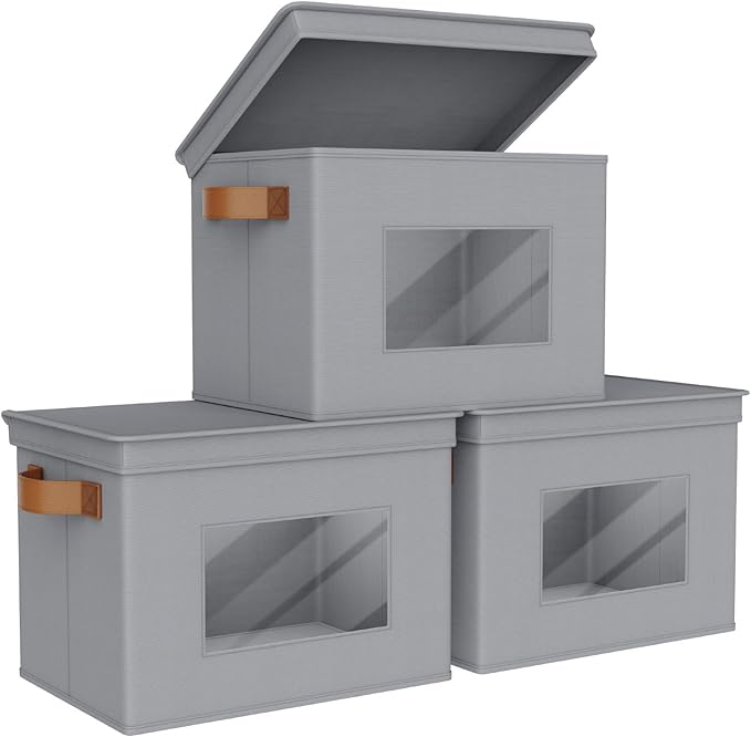 Univivi Storage Bins with Lids Collapsible Foldable Closet Storage Boxes for Clothes [3-Pack] Containers boxes with Handles Closet Storage for Home, Office, Bedroom (Grey,17" x 12"x 12") by Univivi