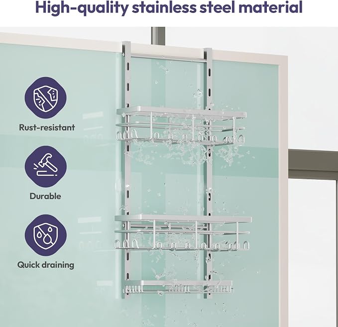 SWTYMIKI Over The Door Shower Caddy - 3 Tier Rustproof Hanging Shower Organizer with Adjustable Shelves, 28 Hooks & Soap Holder, Hanging Shower Rack Storage for Bathroom Accessories, Silver - Image 4