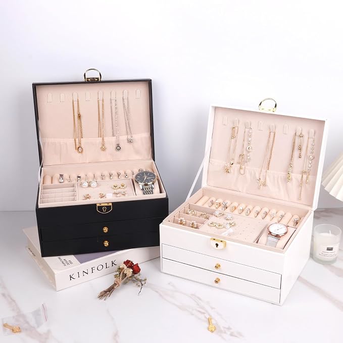 Jewelry Organizer Box for Women, Large Jewelry Organizer with Lock, 3 Tier Storage Box with Velvet Lining, 2 Drawers, Necklace Hooks, Ring Rolls - Image 9