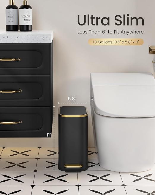Cesun Small Bathroom Trash Can with Lid Soft Close, 5 Liter/1.3 Gallon Stainless Steel Garbage Can with Removable Inner Bucket, Step Pedal, Slim Waste Basket for Toilet, Office, Bedroom (Black&Gold) - Image 2