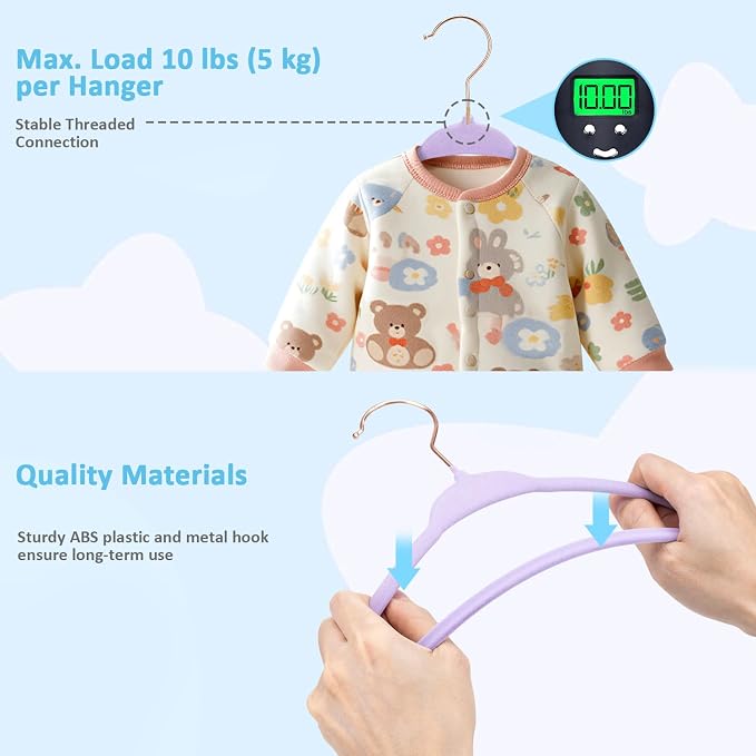 Tonswachic Baby Velvet Hangers 30 Pack - 11 Inch Premium Non Slip Kids Felt Hanger for Infant Clothes - Ultra Thin Baby Felt Hangers for Toddler Children's Closet with 10 Hanger Clips - Purple - Image 5