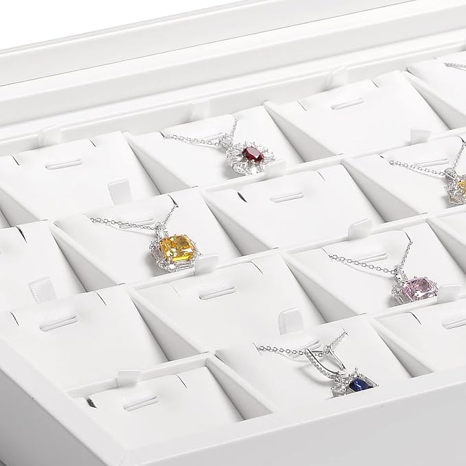 Oirlv White Leather Jewelry Organizer Tray with Acrylic Lid Drawer Insert Jewelry Storage Box with 24 Removable Jewelry Cards Pendant Necklace Display Case Women Gift - Image 6