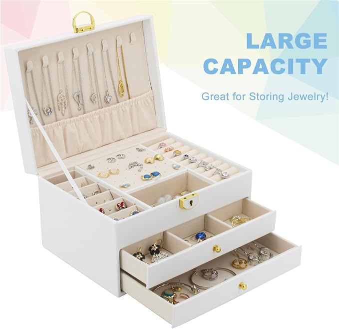 KOOAAICCHI Jewelry Box for Women, 3-Layer Jewelry Organizer, Jewelry Storage Case PU Leather for Earrings, Bracelets, Ring, Necklaces-White - Image 2