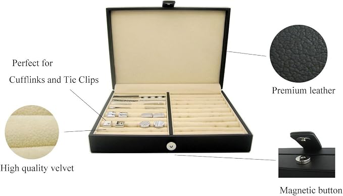 HONEY BEAR Men/Women's Cufflinks Jewelry Box - Faux Leather Display Case Storage Organizer Black, for Rings Earrings Tie Clips - Image 4