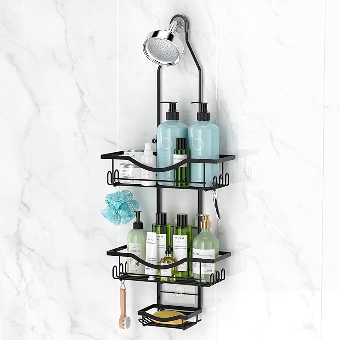 Shower Caddy Hanging Adjustable Shower Caddy, Rustproof Shower Organizer Extended Length Shower Caddies Over Shower Head with Hooks Soap Holder, Large Capacity Anti-Swing Bathroom Storage, Black by REINHARDT