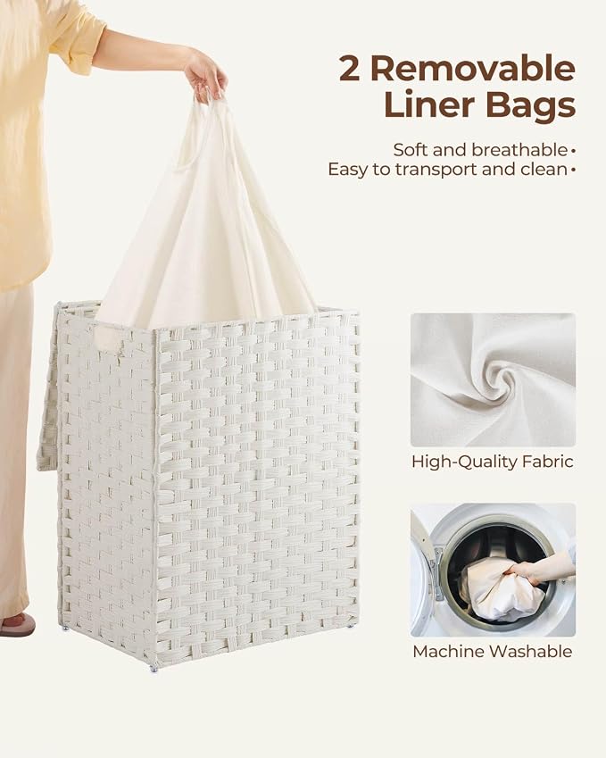 Greenstell Laundry Hamper with 2 Removable Liner Bags，90L Divided Clothes Hamper, Handwoven Synthetic Rattan Foldable Laundry Basket with Lid and Handles White (18.5 x 13.3 x 24.0Inches) - Image 3
