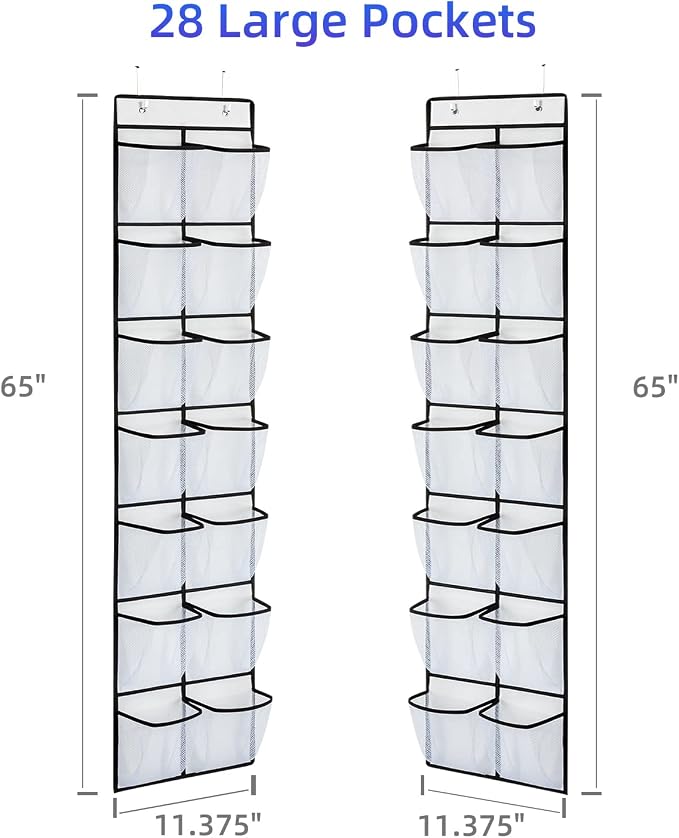 KEEPJOY Over the Door Shoe Organizer, Hanging Shoe Organizer with 4 Hooks, Shoe Holder with 14 Mesh Pockets Closet Door Shoe Storage Bag (White-2Pack) - Image 2