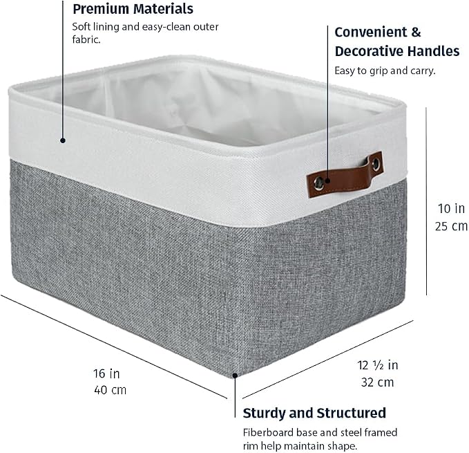 OrganiHaus Extra Large Fabric Storage Baskets for Shelves 3 Pack, 16x13in Closet Storage Bins, Canvas Baskets for Organizing, Linen Closet Organizers, Cloth Basket, Gray/Off-White - Image 2