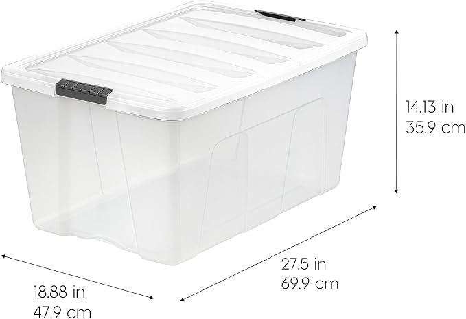 IRIS USA 94 Qt Stackable Plastic Storage Bins with Lids, 4 Pack - BPA-Free, Made in USA - See-Through Organizing Solution, Latches, Durable Nestable Containers, Secure Pull Handle - Clear/White - Image 3
