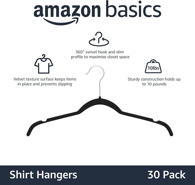 Amazon Basics Space-Saving Slim Velvet Non-Slip Clothes Hangers for Closet Organization with Shoulder Notches, Black/Silver, 30-Pack - Image 2
