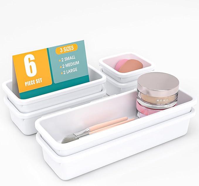 6 PCS Drawer Organizer Set, 3 Size Makeup Drawer Divider Organizer With Non-Slip Pads, Interlocking Plastic Storage Bins for Office,Jewelry Vanity,Gadgets, Bathroom,Kitchen, White by StoreHappily