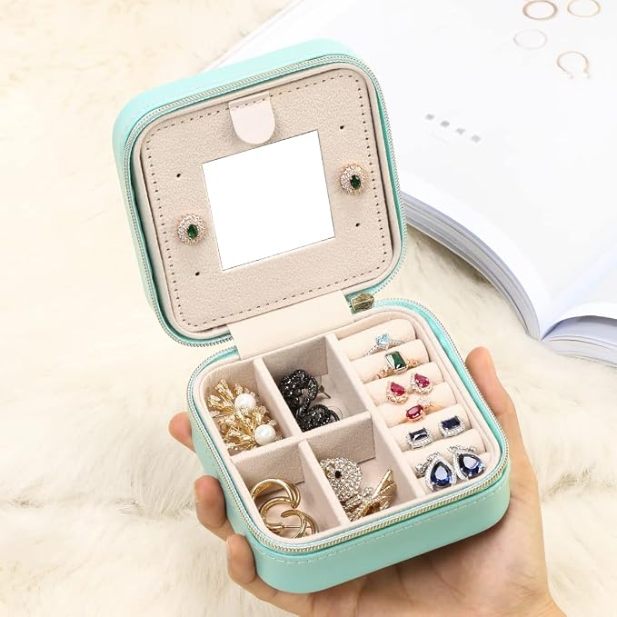 Jewelry Case with Mirror, Small Travel Jewelry Organizer, Portable Mini Storage Box for Rings, Earrings, Necklaces, Gift for Mother Mom, Girl, Daughter, Sisters, Bridesmaids, Mother's Day Gift (Blue) - Image 2