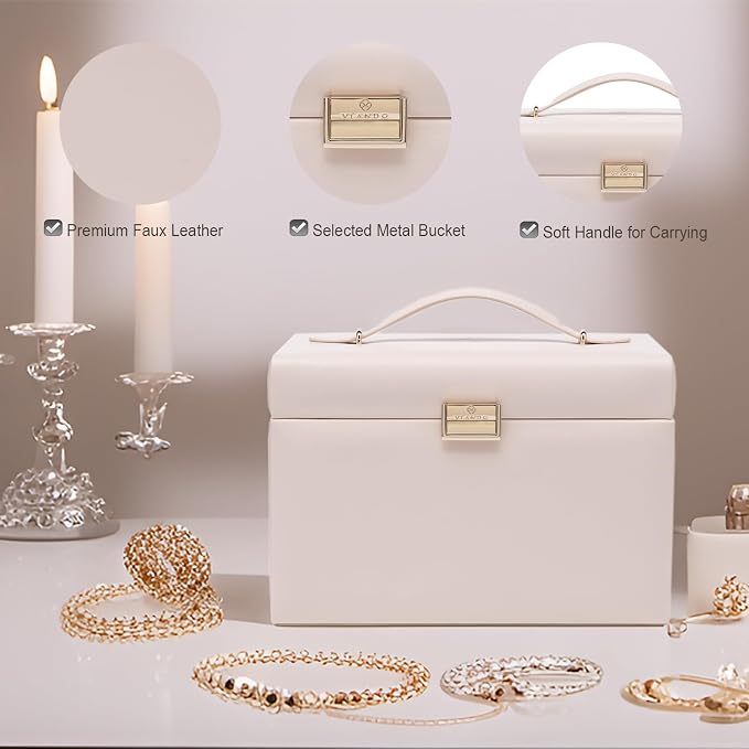 Vlando Mirrored Jewelry Box Organizer, Leather Jewelry Storage Case, Necklaces Earrings Rings Brackets Box Holder, Pink Beige - Image 5