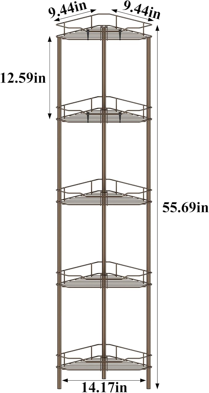 HuggieGems 5 Tier Floor Standing Corner Shower Caddy Organizer Shelf with Hooks, Bathroom Shelves Stand Rack, Bronze - Image 7