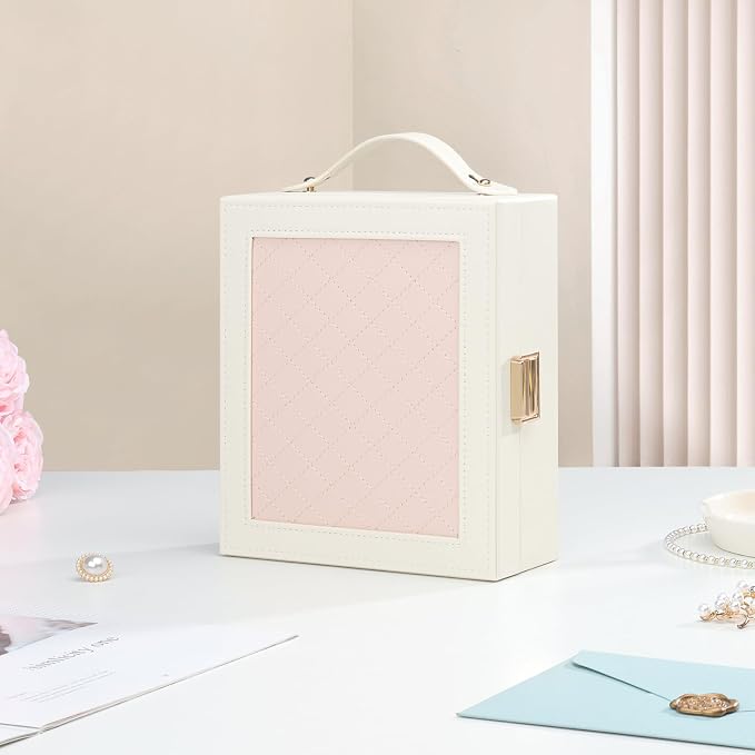 DesignSter Travel Jewelry Case for Woman, Portable Jewelry Travel Box with Mirror, PU Leather Small Jewelry Organizer with Handle for Rings Earrings Bracelets Necklaces(Beige & Pink) - Image 5