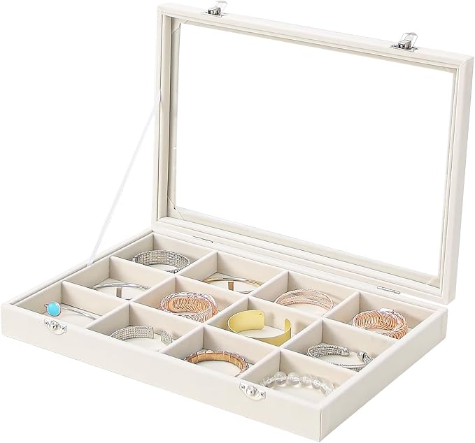 Coward Jewelry Organizer Box, Beige Velvet 12 Grids Bracelet Bangle Necklace Jewelry Display Tray Case with Transparent Glass Lid for Home Drawer Desk or Store Selling Show by FocusOnJewelryDisplay15yrs
