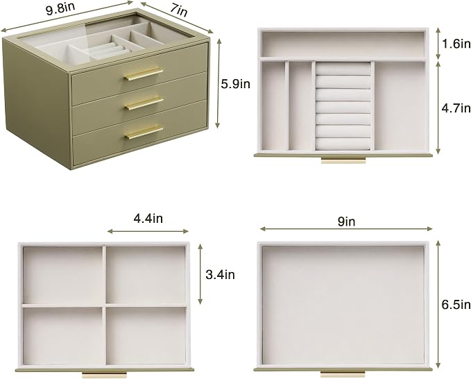 Jewelry Box Organizer Case for Women: 3-Layer Jewelry Storage Case with Glass Window, Olive Green Leather with Cream Velvet, Holder for Ring Necklace Bracelet Brooch Watch, Great Gift for Her - Image 8