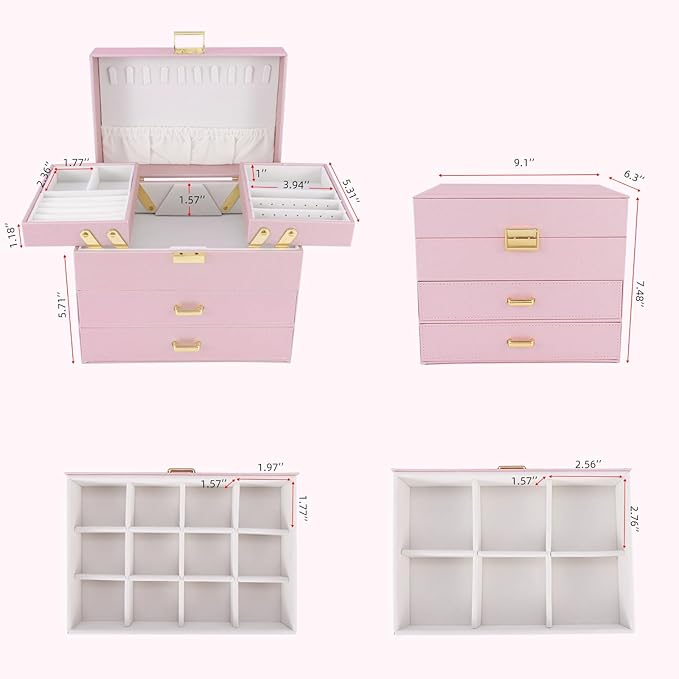 Dajasan Jewelry Organizer Box, Large Jewelry Boxes for Girls, Space-Saving 4 Layers Jewelry Storage Case with Drawer, Gift for Women, Movable Metal Stand, Modern (Pink+ Gold) - Image 3